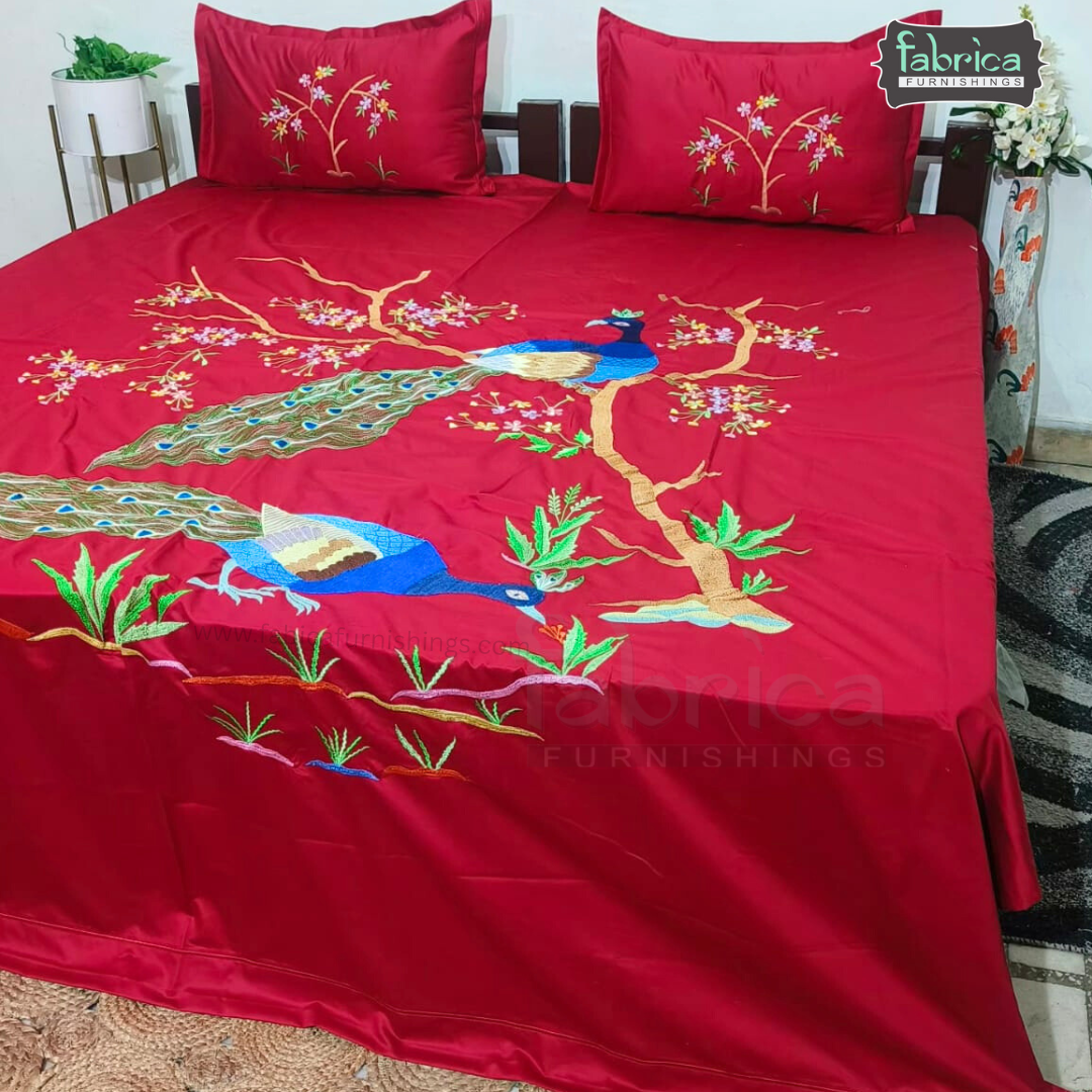 Designer Embroidered Maroon Peacock Pure Cotton King Size Bed Sheets