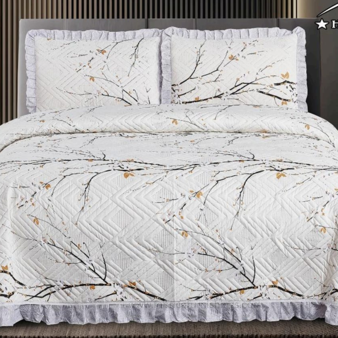 Florence Printed King Size Pure Cotton Quilted Frill Work Bedcover