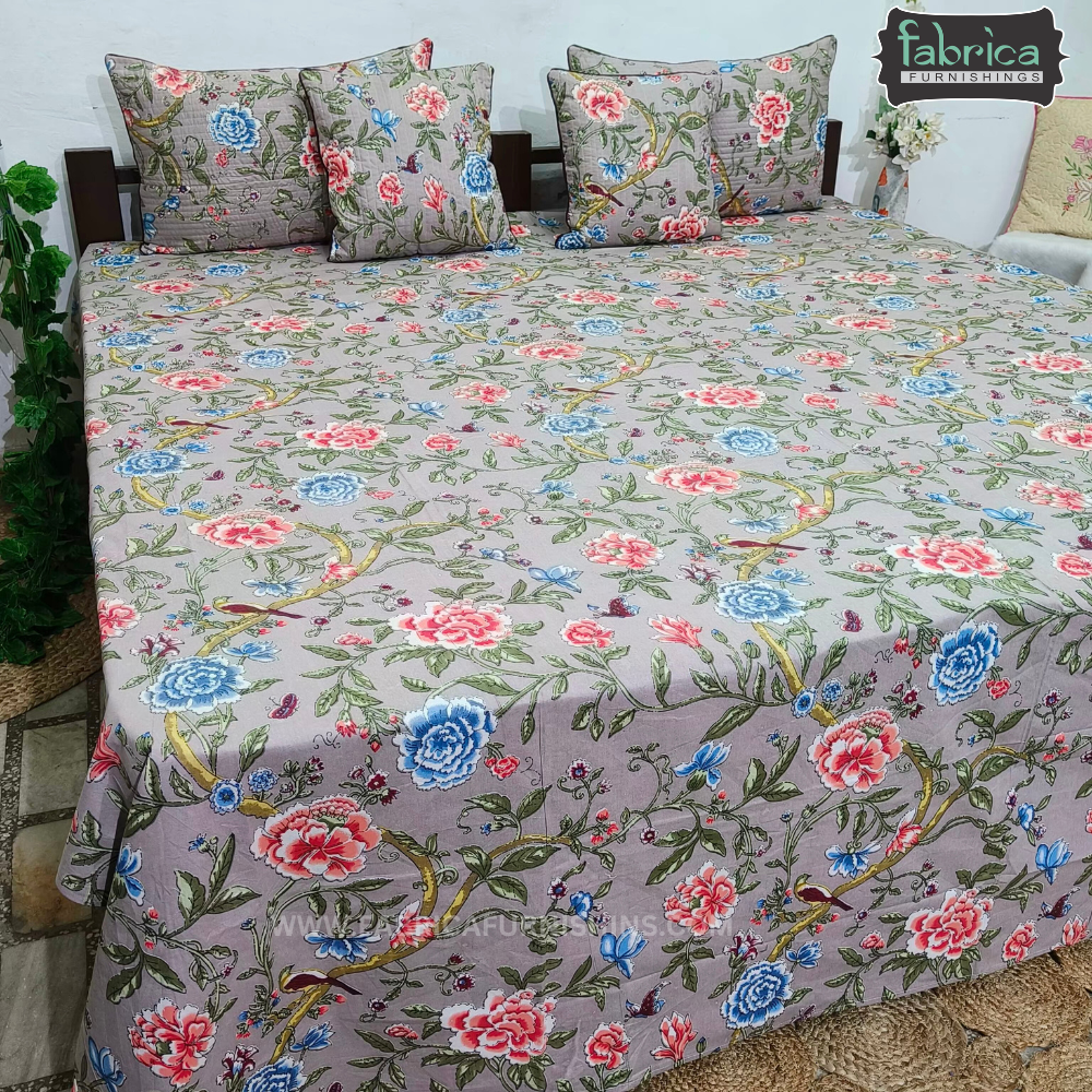 Anokhi Printed Quilted 5 pcs King Size Bedsheet Set