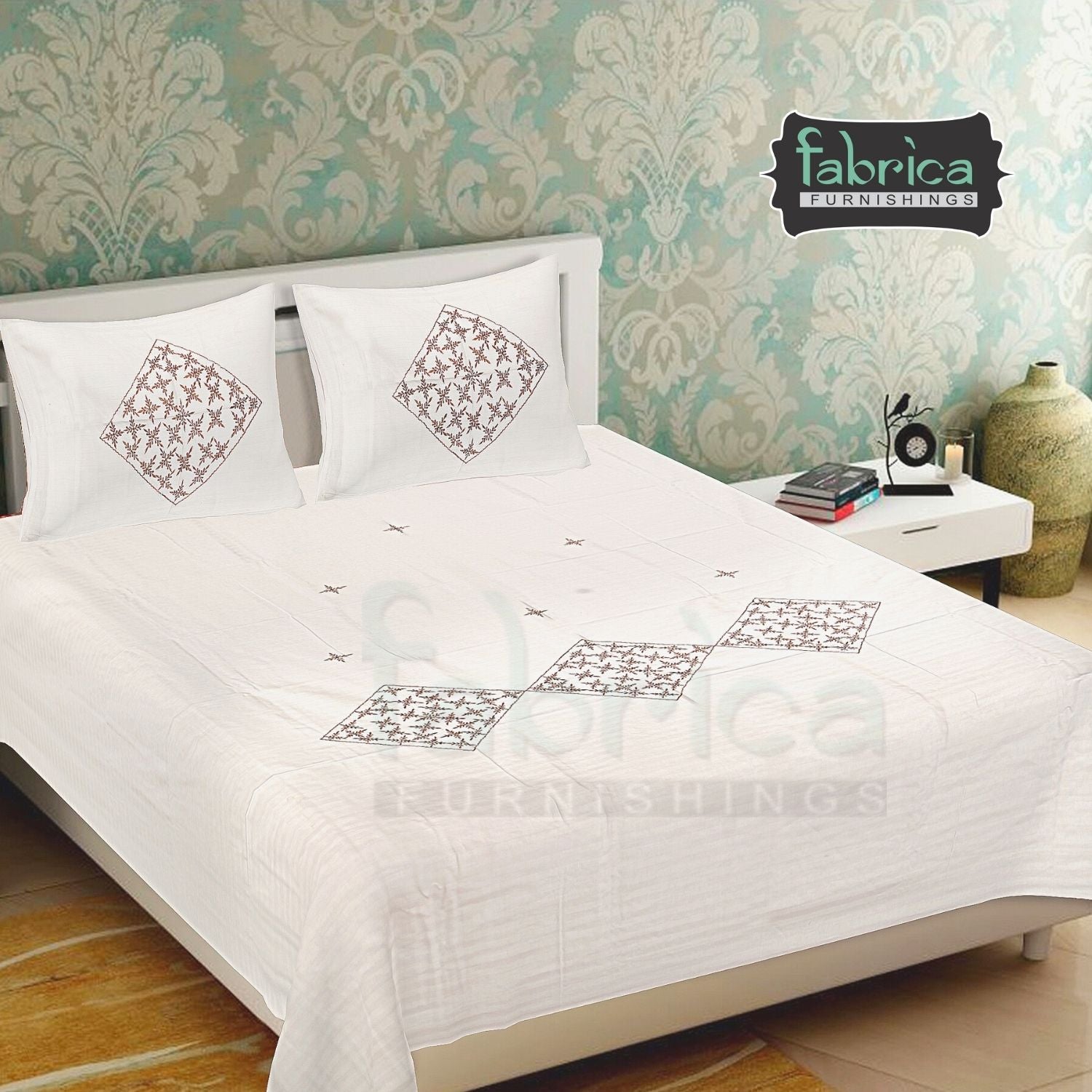 Fabby Royal White Designer Embroider King size Bed sheets