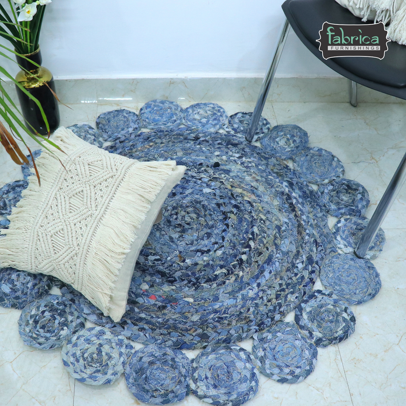 Handmade Braided Denim Rug in Circular Round with Small Circle Pattern - 3.5x3.5 Feet (105x105 cm)