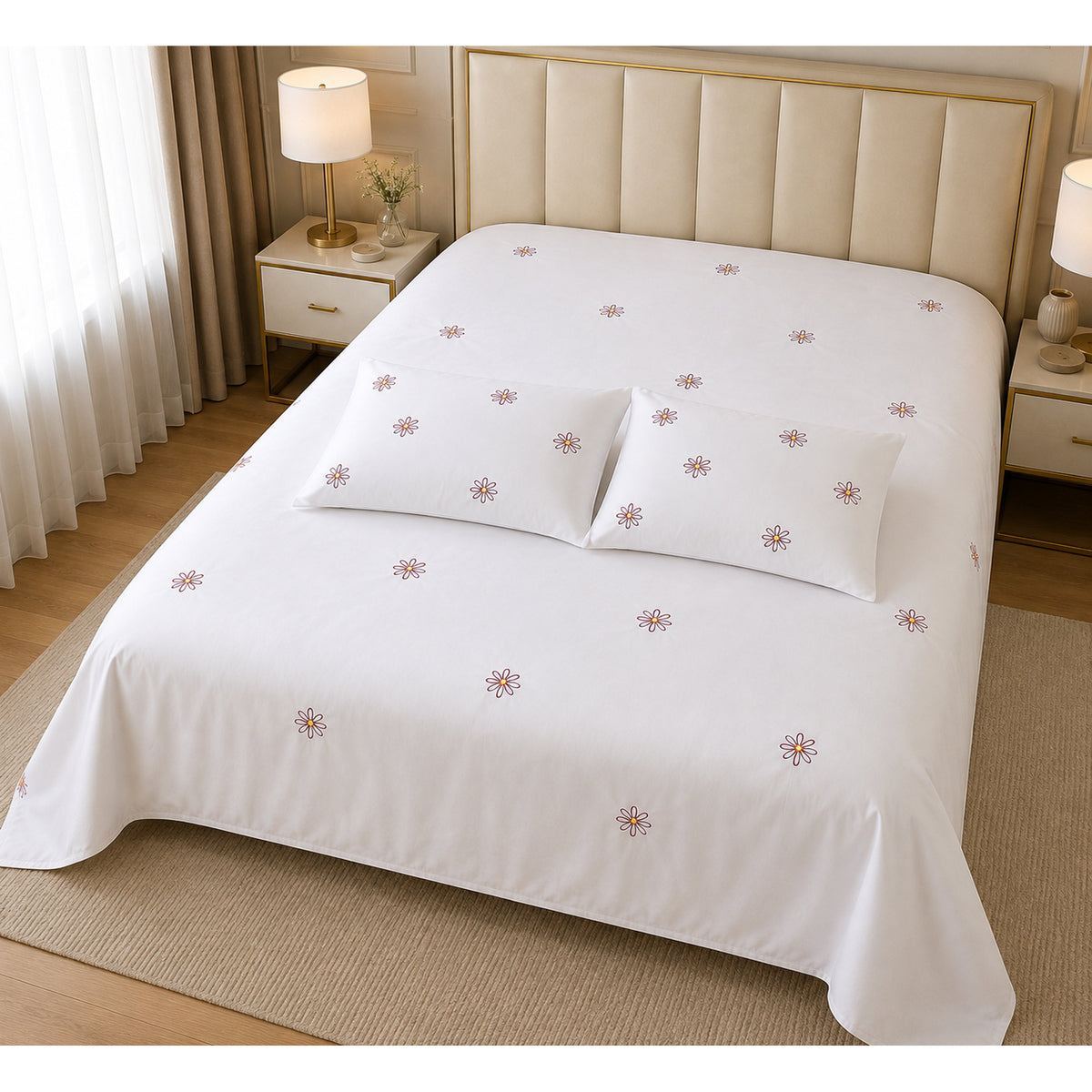 Floral Bloom Pure Cotton King-Size White & Multicolor Floral Embroidered Bedsheet Set