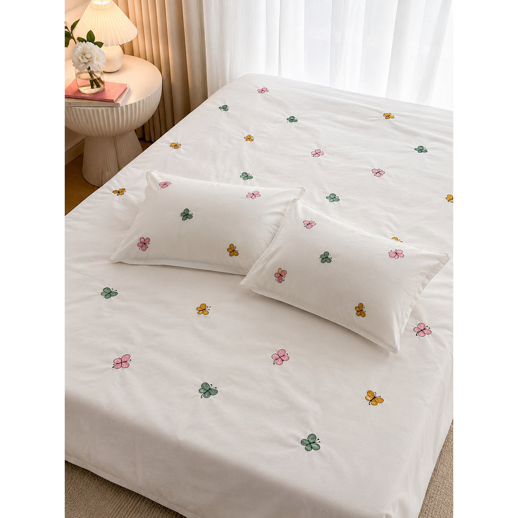Floral Bloom Pure Cotton King-Size Multicolor Butterfly Embroidered Bedsheet Set