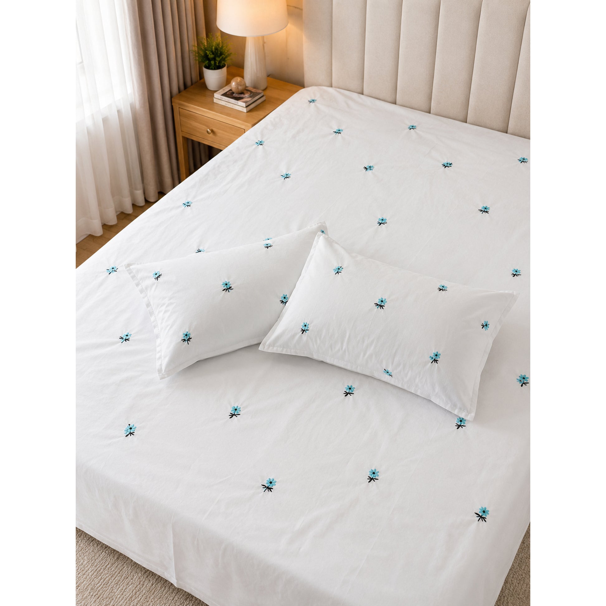 Floral Bloom Pure Cotton King-Size White & Blue Floral Embroidered Bedsheet Set