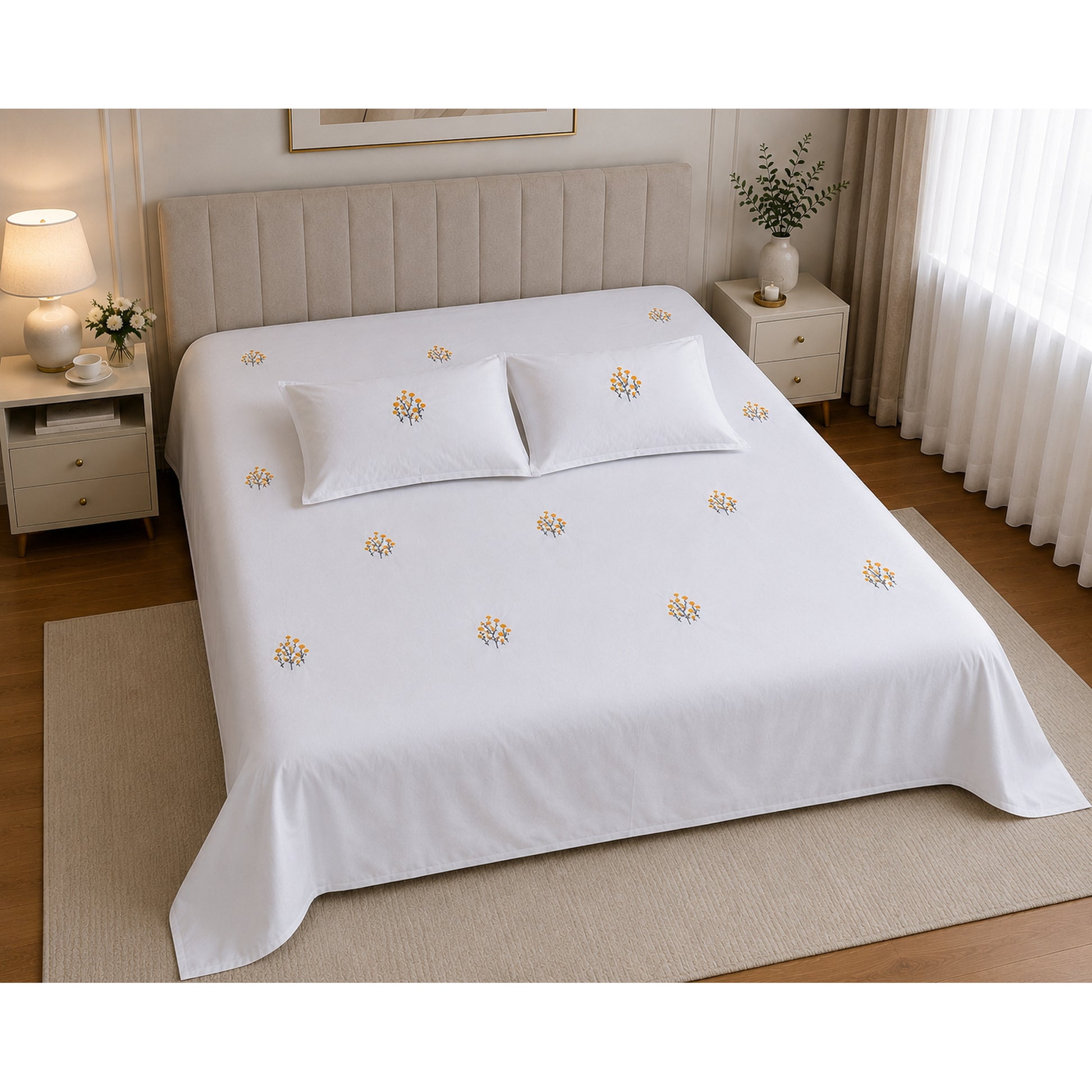 Floral Bloom Pure Cotton King-Size White & Yellow Floral Embroidered Bedsheet Set