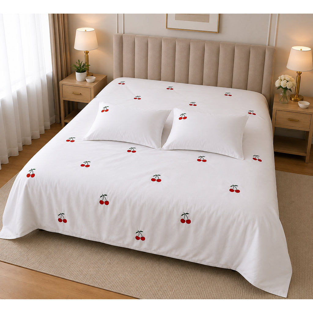 Floral Bloom Pure Cotton King-Size White & Red Cherry Embroidered Bedsheet Set