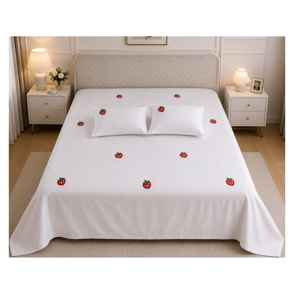 Floral Bloom Pure Cotton King-Size White & Red Strawberry Embroidered Bedsheet Set