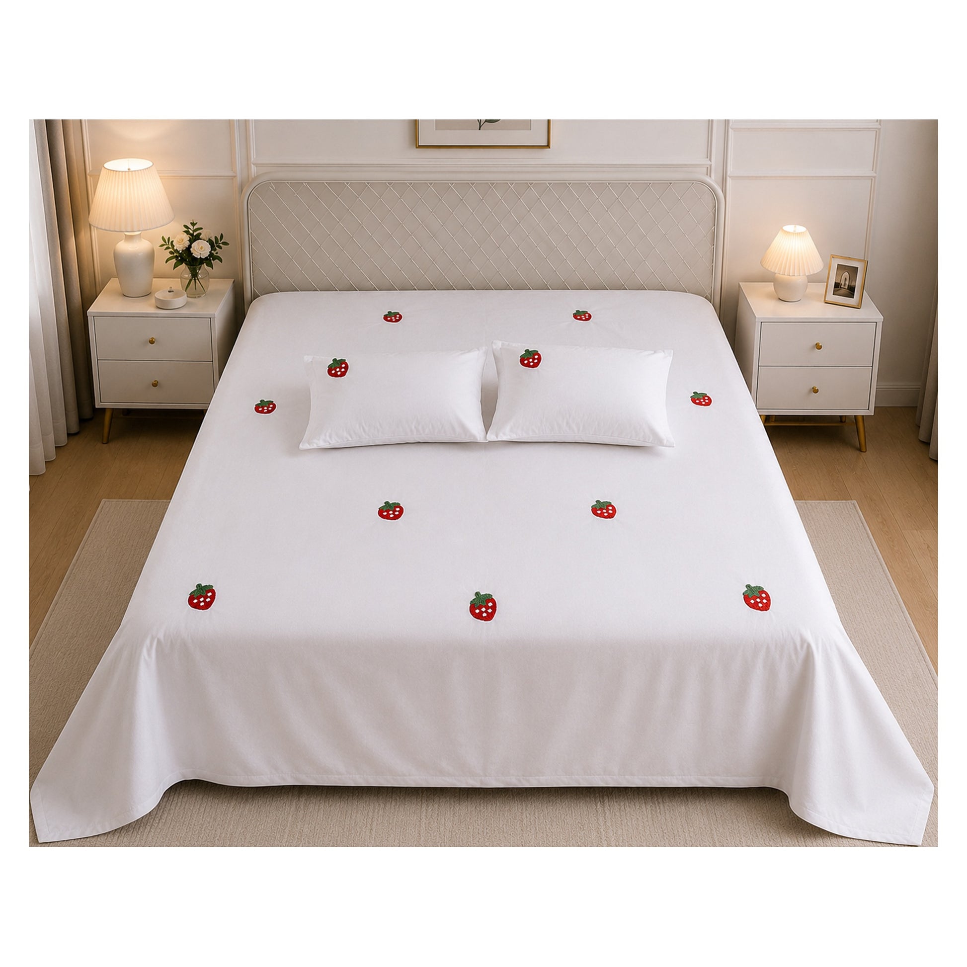 Floral Bloom Pure Cotton King-Size White & Red Strawberry Embroidered Bedsheet Set