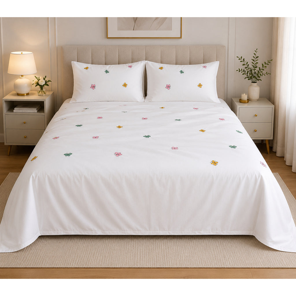Floral Bloom Pure Cotton King-Size Multicolor Butterfly Embroidered Bedsheet Set