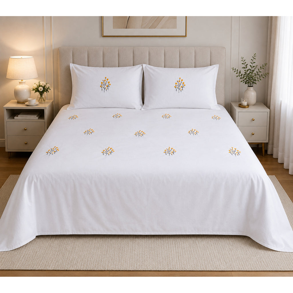 Floral Bloom Pure Cotton King-Size White & Yellow Floral Embroidered Bedsheet Set