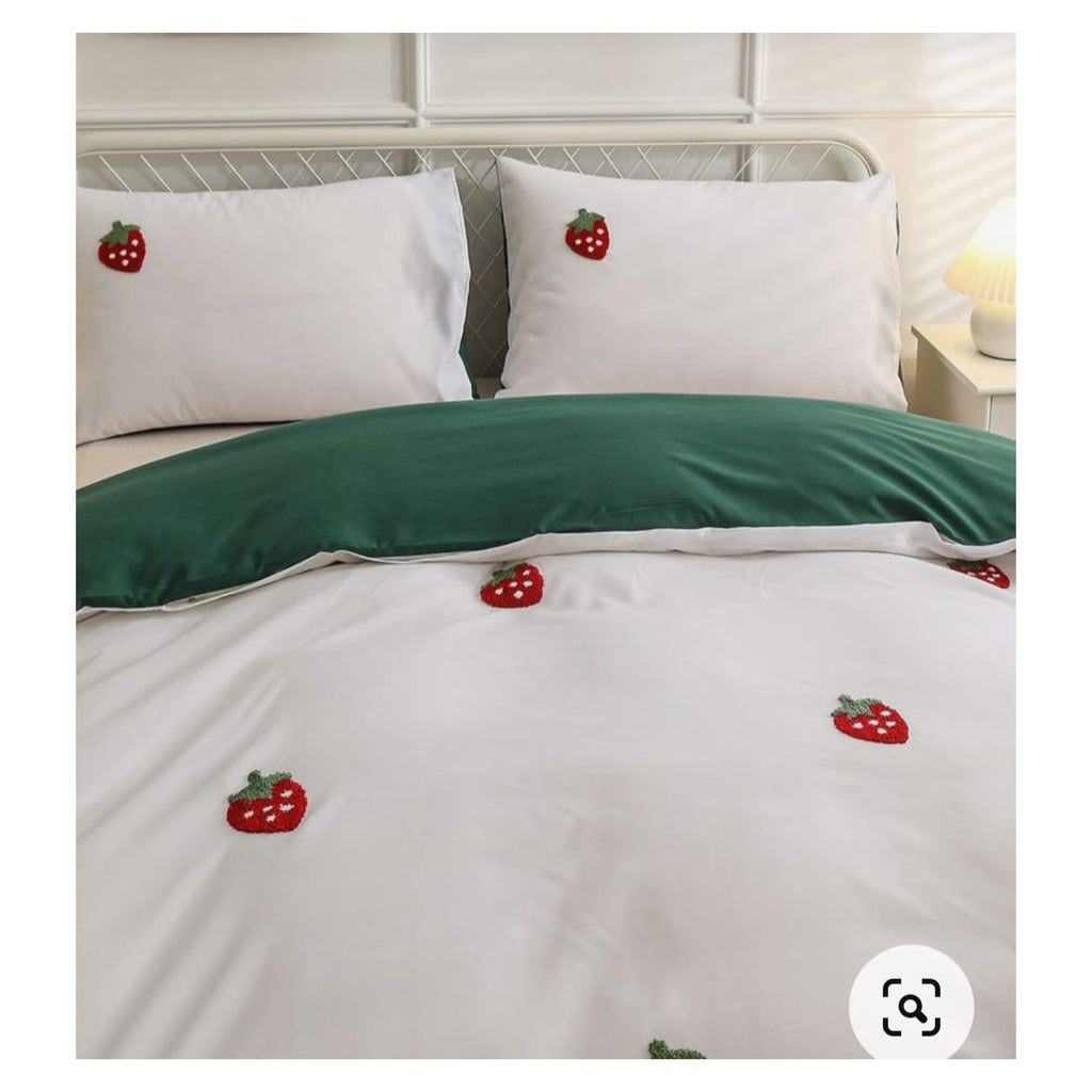 Floral Bloom Pure Cotton King-Size White & Red Strawberry Embroidered Bedsheet Set