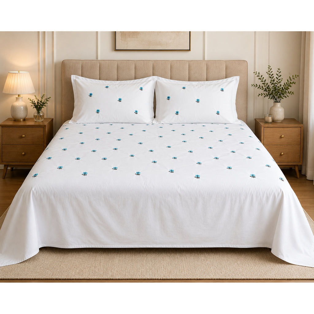 Floral Bloom Pure Cotton King-Size White & Blue Floral Embroidered Bedsheet Set