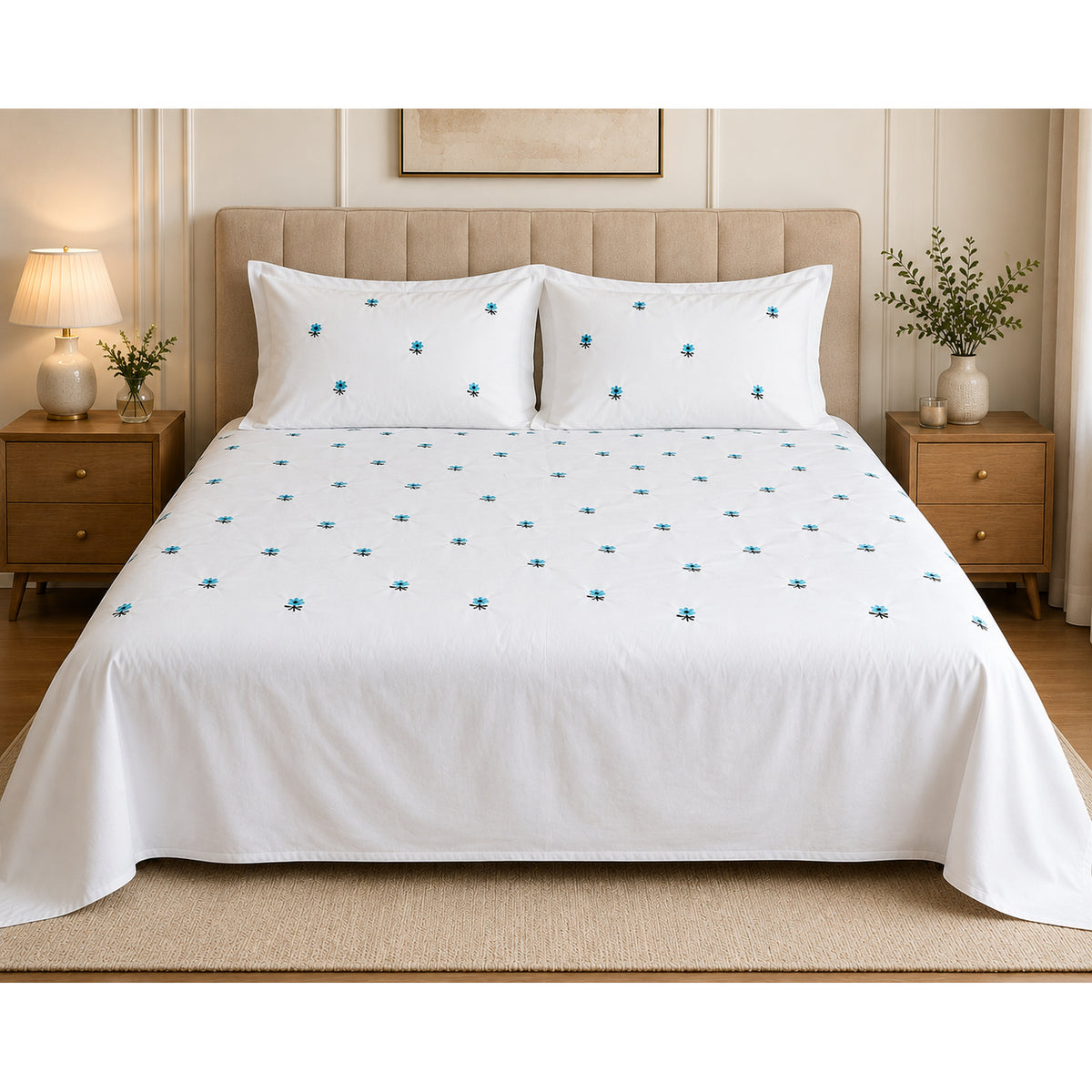 Floral Bloom Pure Cotton King-Size White & Blue Floral Embroidered Bedsheet Set