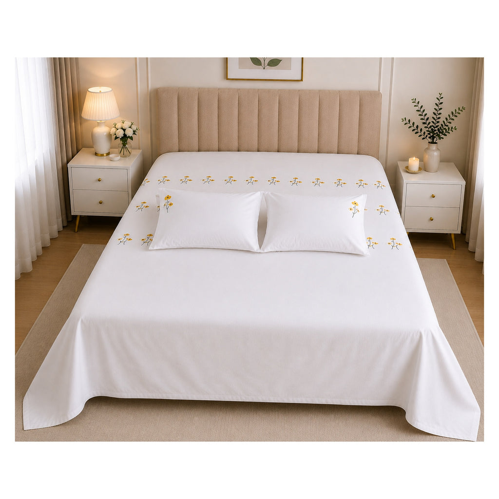 Floral Bloom Pure Cotton King-Size Yellow Floral Embroidered Bedsheet Set