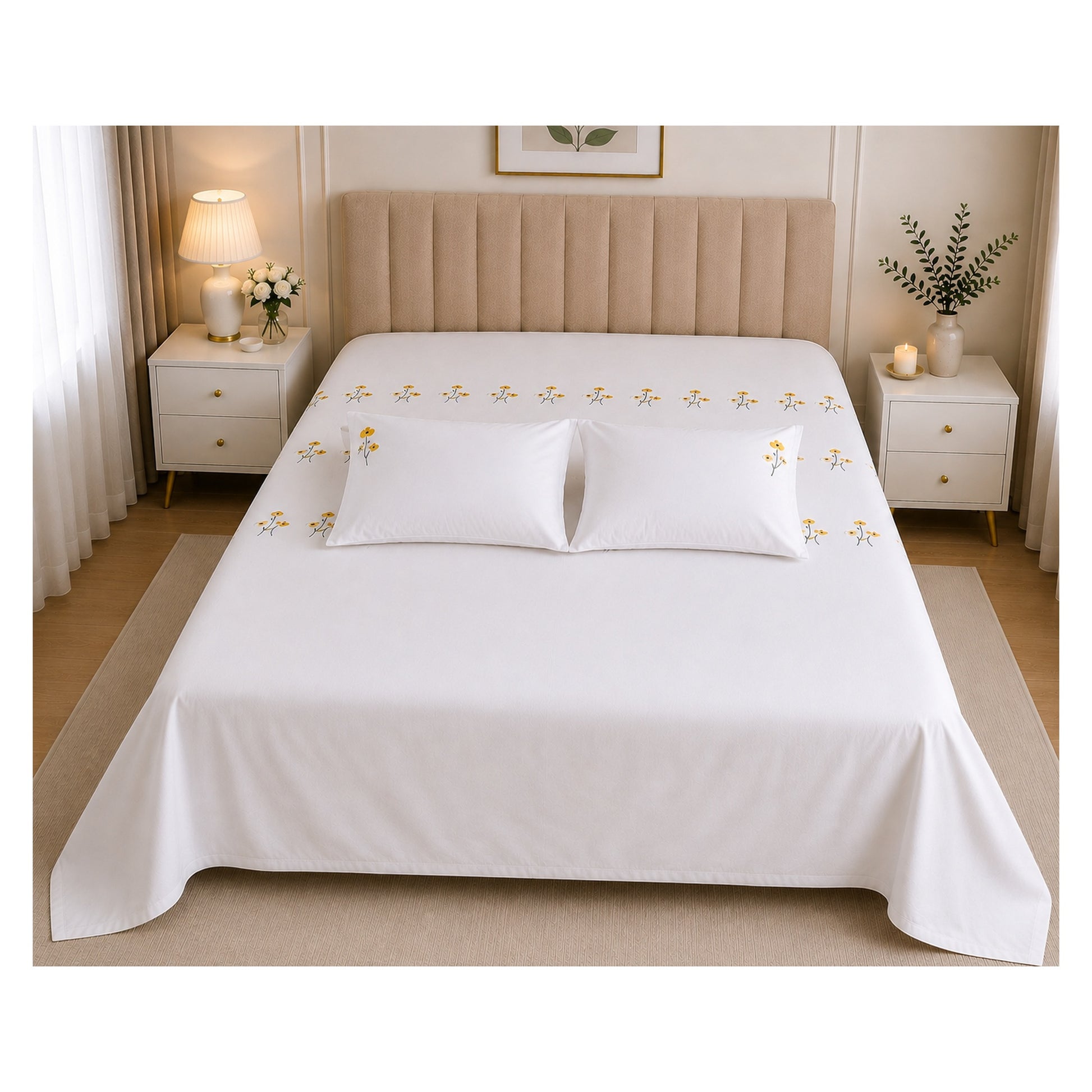 Floral Bloom Pure Cotton King-Size Yellow Floral Embroidered Bedsheet Set