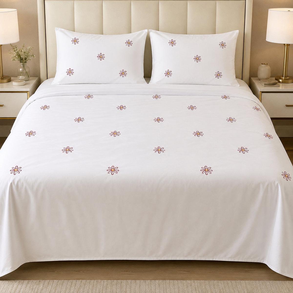 Floral Bloom Pure Cotton King-Size White & Multicolor Floral Embroidered Bedsheet Set