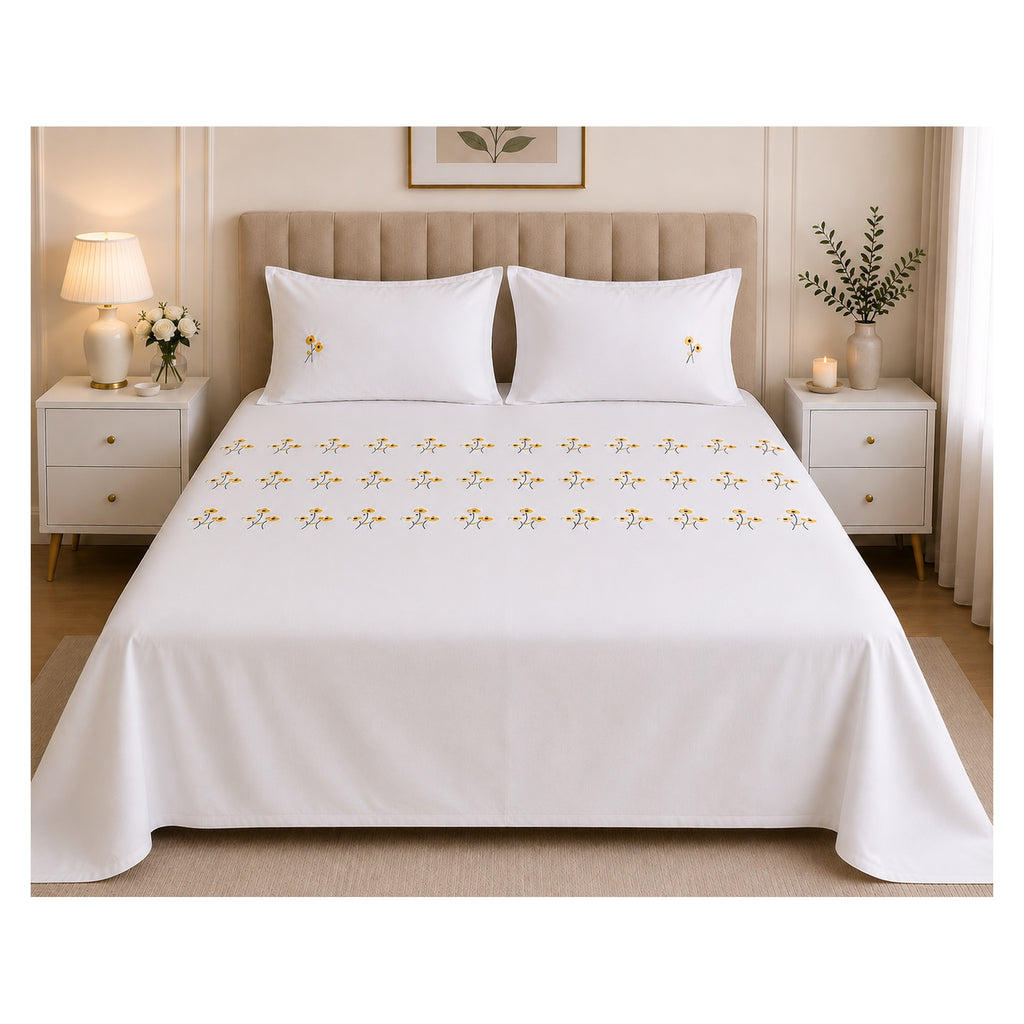 Floral Bloom Pure Cotton King-Size Yellow Floral Embroidered Bedsheet Set
