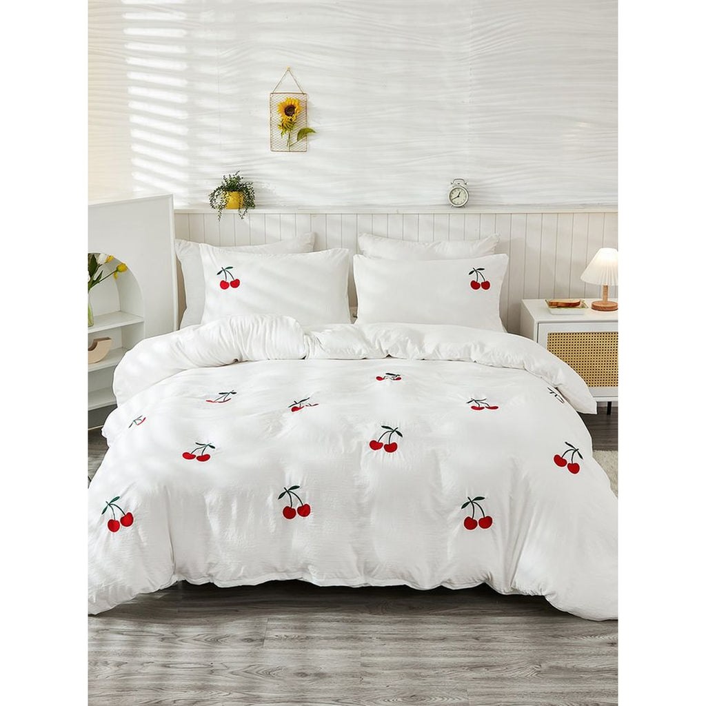 Floral Bloom Pure Cotton King-Size White & Red Cherry Embroidered Bedsheet Set
