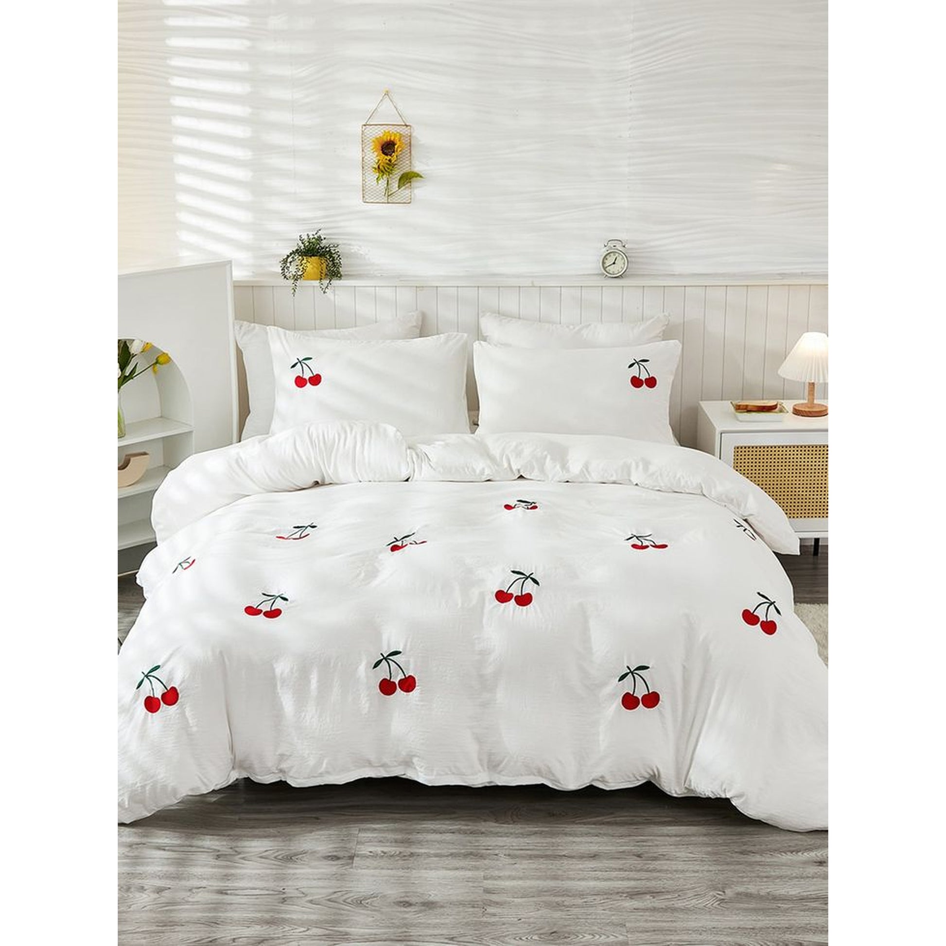 Floral Bloom Pure Cotton King-Size White & Red Cherry Embroidered Bedsheet Set