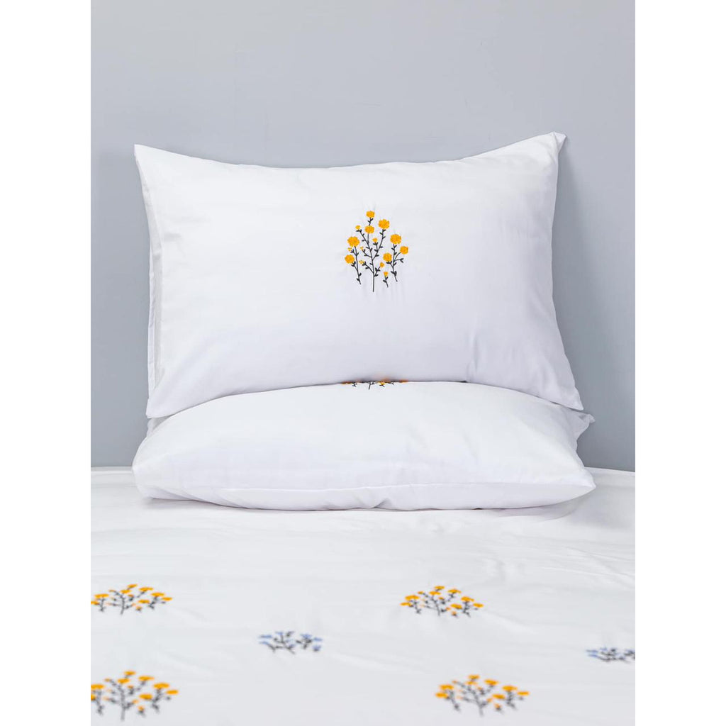 Floral Bloom Pure Cotton King-Size White & Yellow Floral Embroidered Bedsheet Set
