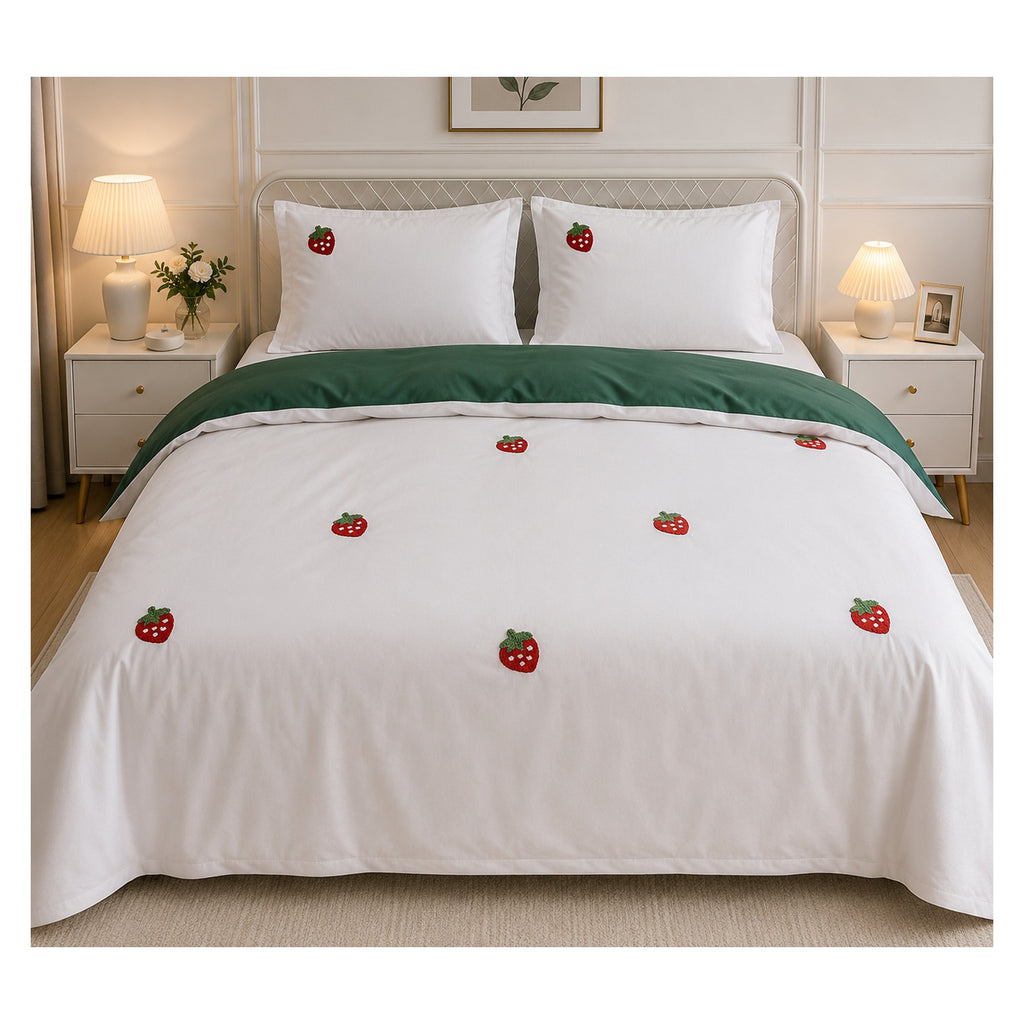Floral Bloom Pure Cotton King-Size White & Red Strawberry Embroidered Bedsheet Set