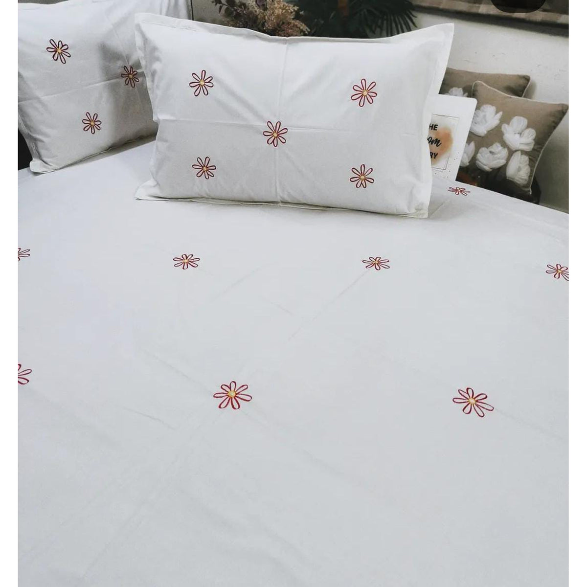 Floral Bloom Pure Cotton King-Size White & Multicolor Floral Embroidered Bedsheet Set