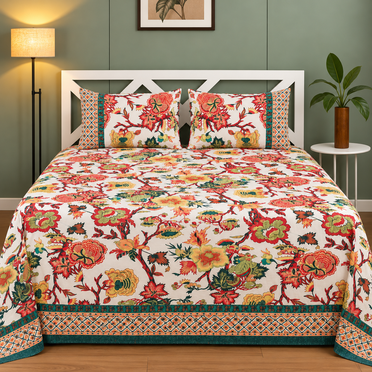 Mughal Utsav Premium Pure Cotton King Size White & Multicolor Floral Printed Bedsheet Set