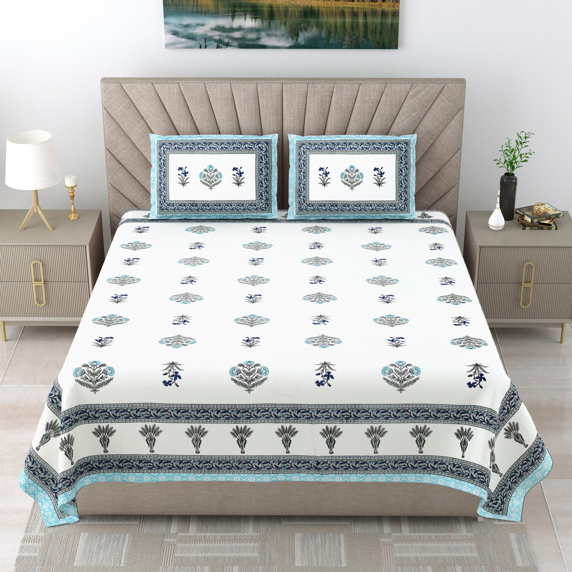 Royal Rajasthani Premium White & Blue Floral Printed Queen Size Bedsheet Set