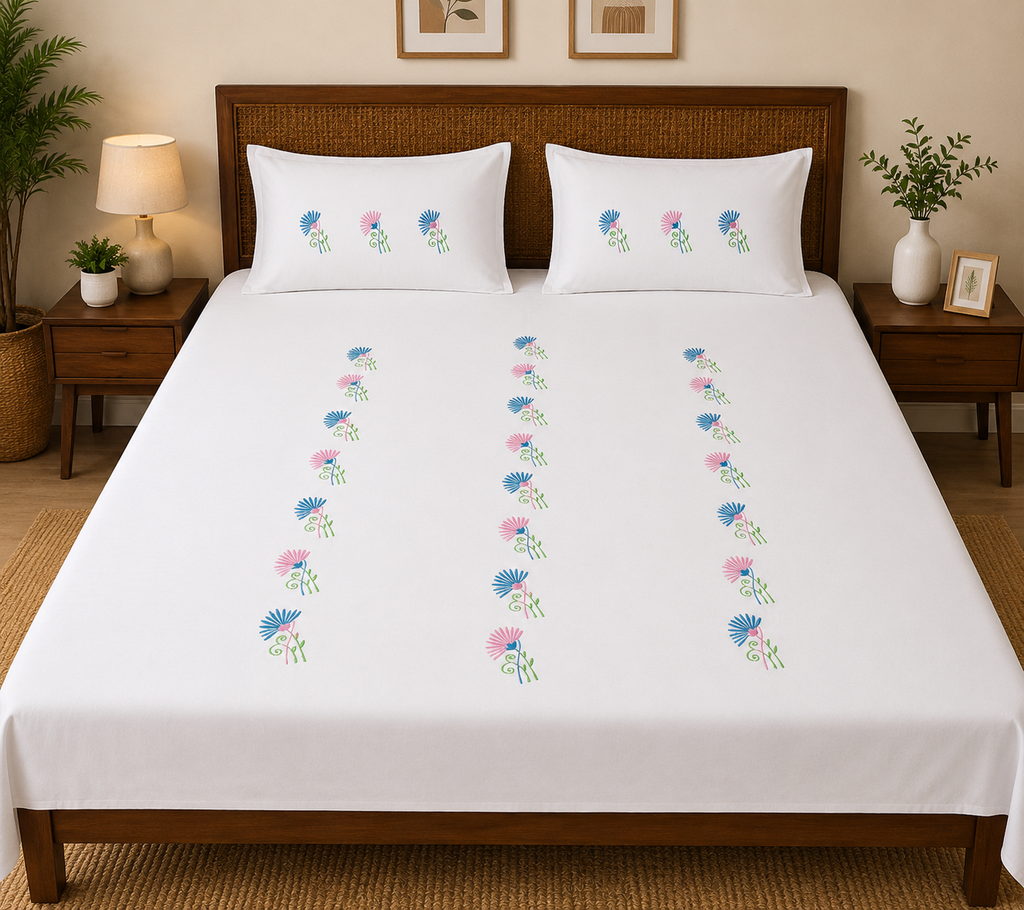 Fabby Decor Premium Pure Cotton Super King-Size Blue & Pink Floral Embroidered Designer Bedsheet