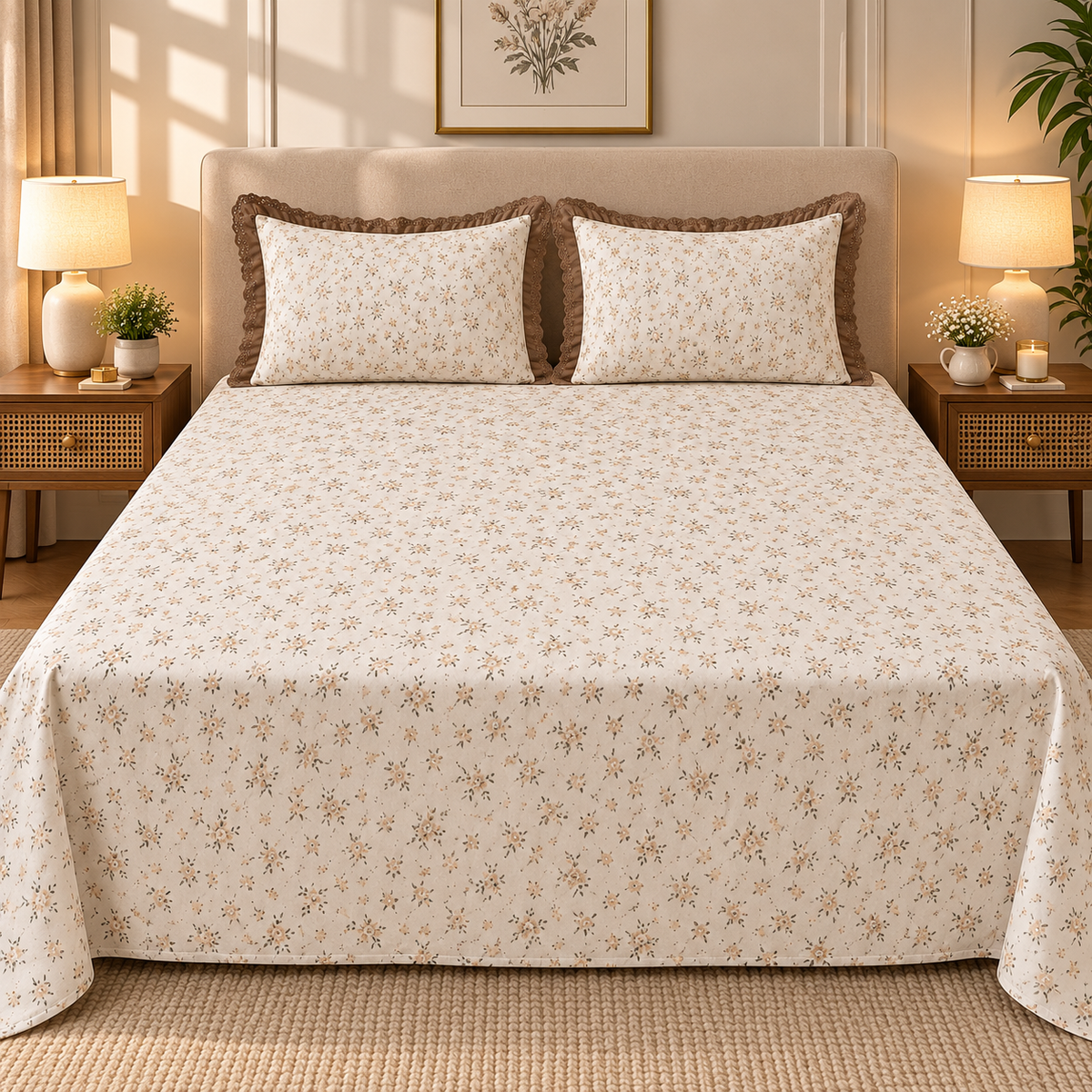 Secret Garden Ivory & Multicolor Floral Printed King Size Imported Fabric Bedsheet Set