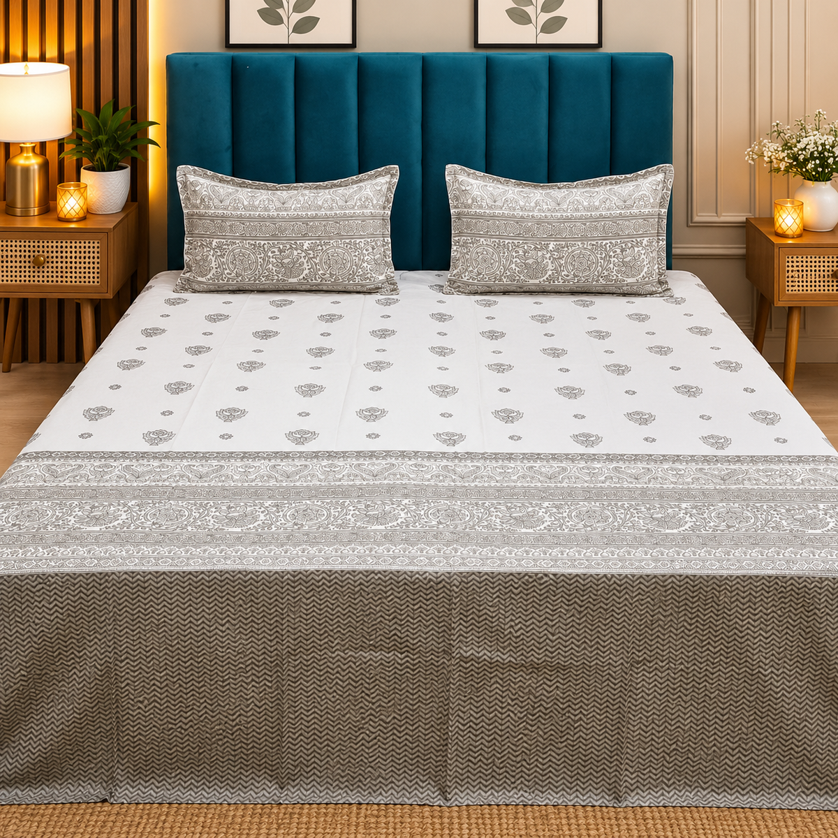 Artistry of India Premium White & Grey Floral Printed Pure Cotton King-Size Bedsheet Set