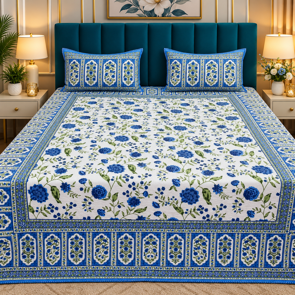 Nilaya Floral Premium Pure Cotton Blue & White Printed Bedcover