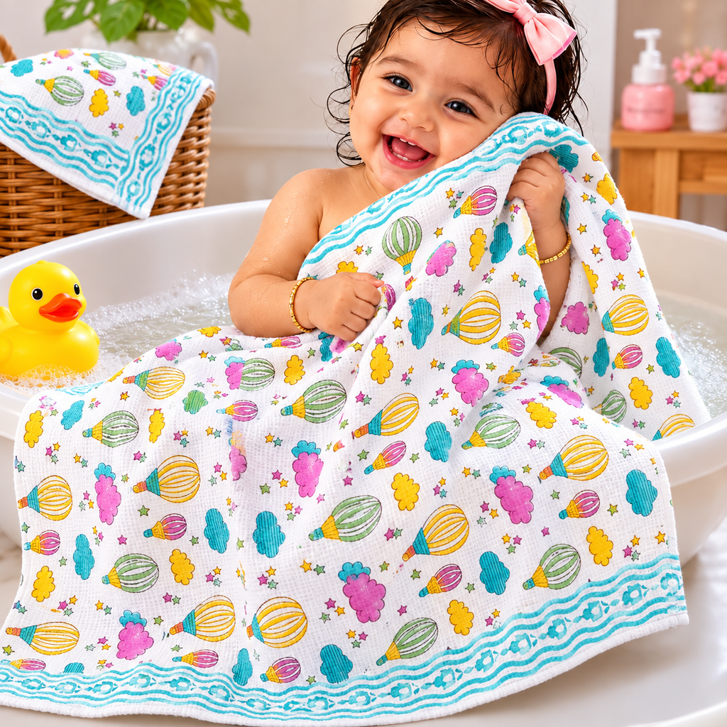 Kids Zone Handblock Printed Pure Cotton Bath & Hand Towels