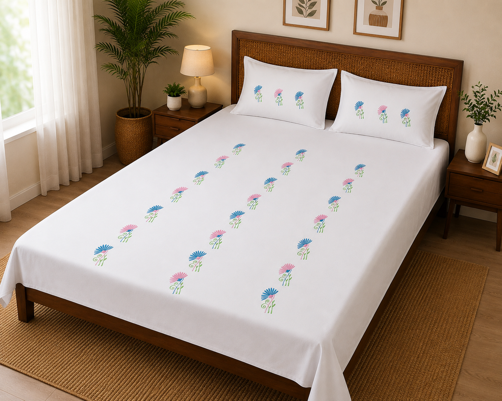 Fabby Decor Premium Pure Cotton Super King-Size Blue & Pink Floral Embroidered Designer Bedsheet