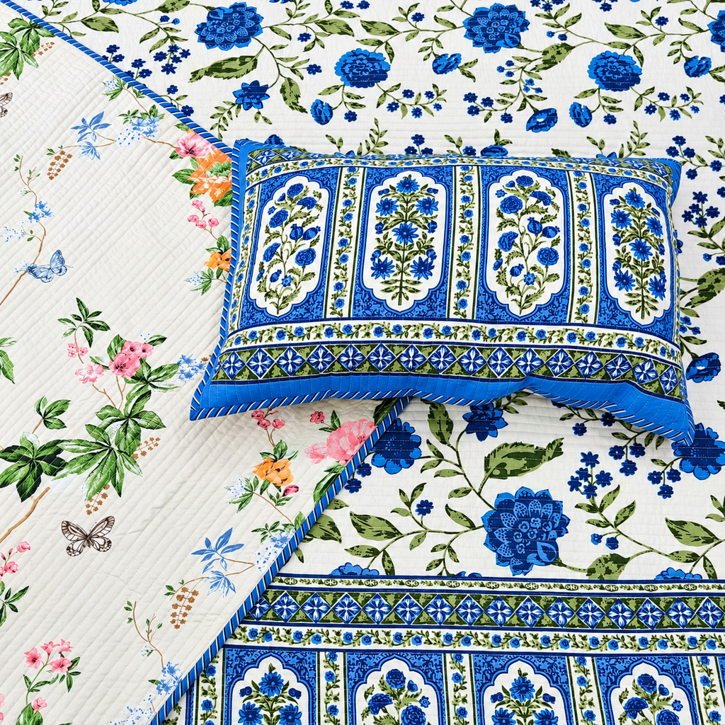 Nilaya Floral Premium Pure Cotton Blue & White Printed Bedcover