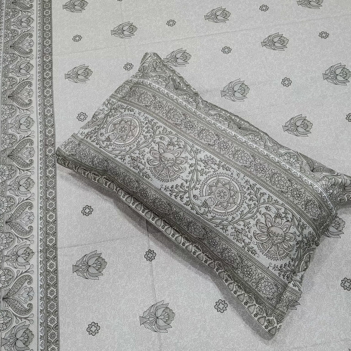 Artistry of India Premium White & Grey Floral Printed Pure Cotton King-Size Bedsheet Set