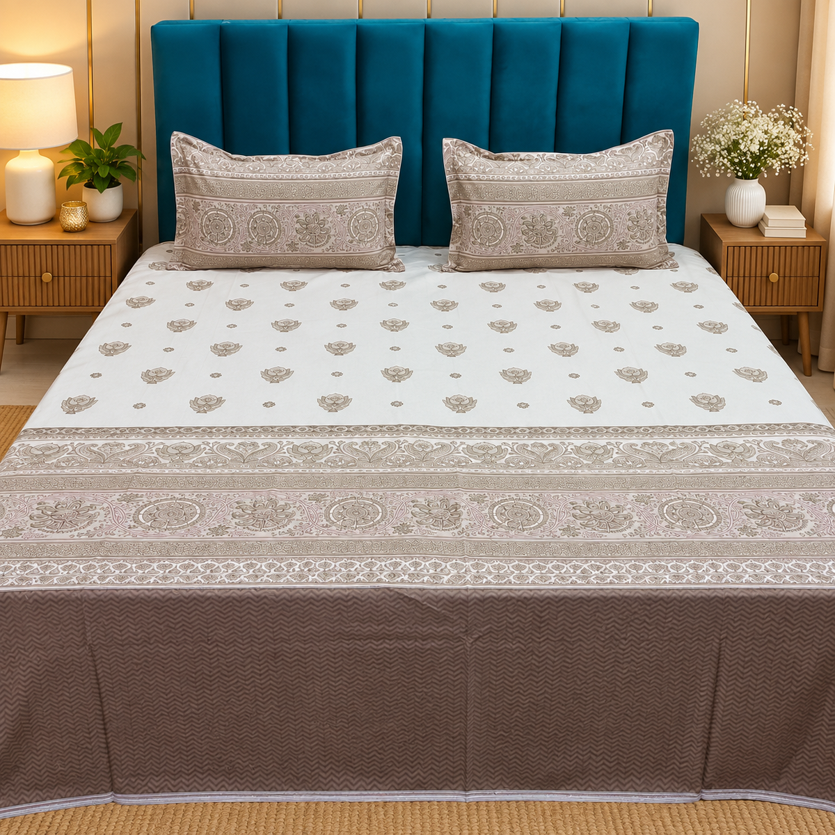 Artistry of India Premium Beige & Taupe Floral Printed Pure Cotton King-Size Bedsheet Set