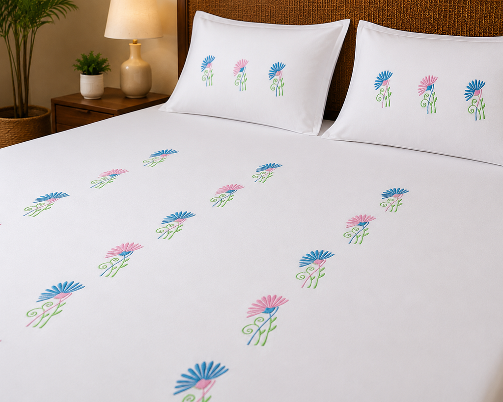 Fabby Decor Premium Pure Cotton Super King-Size Blue & Pink Floral Embroidered Designer Bedsheet