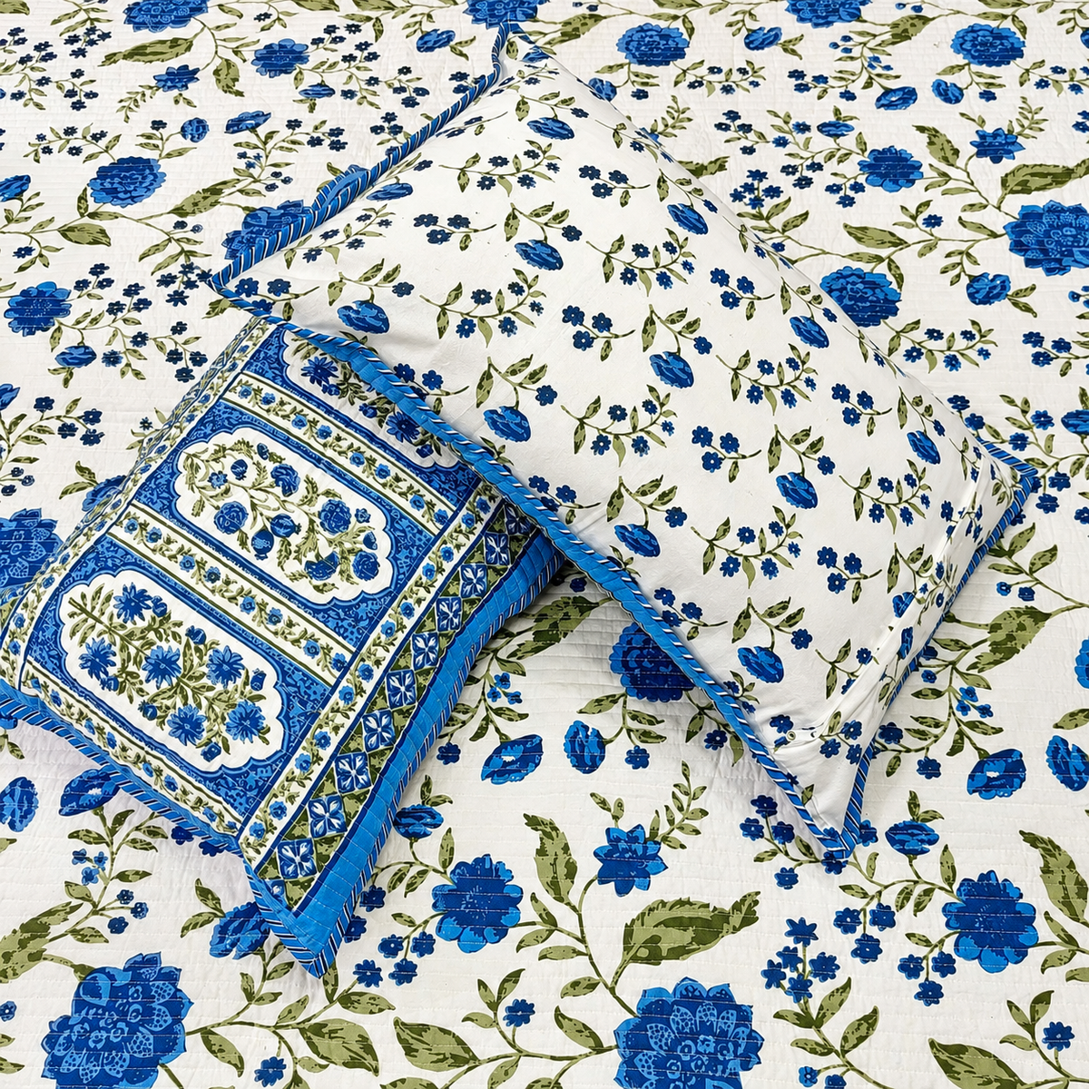 Nilaya Floral Premium Pure Cotton Blue & White Printed Bedcover