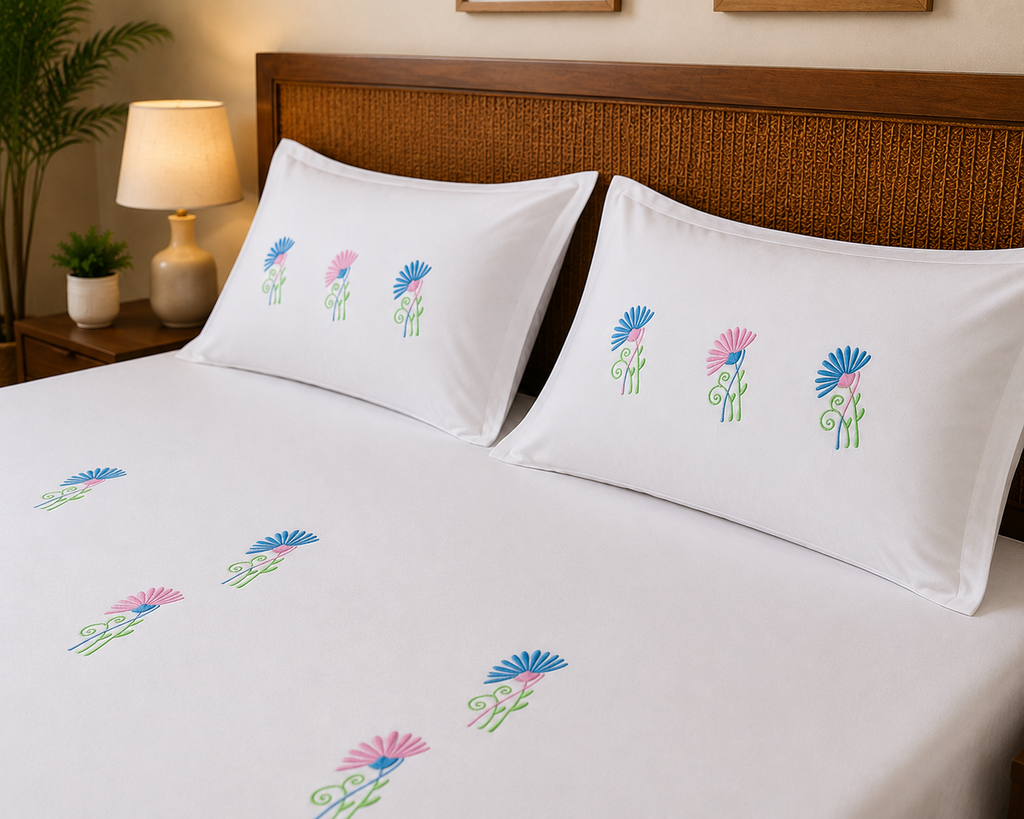 Fabby Decor Premium Pure Cotton Super King-Size Blue & Pink Floral Embroidered Designer Bedsheet