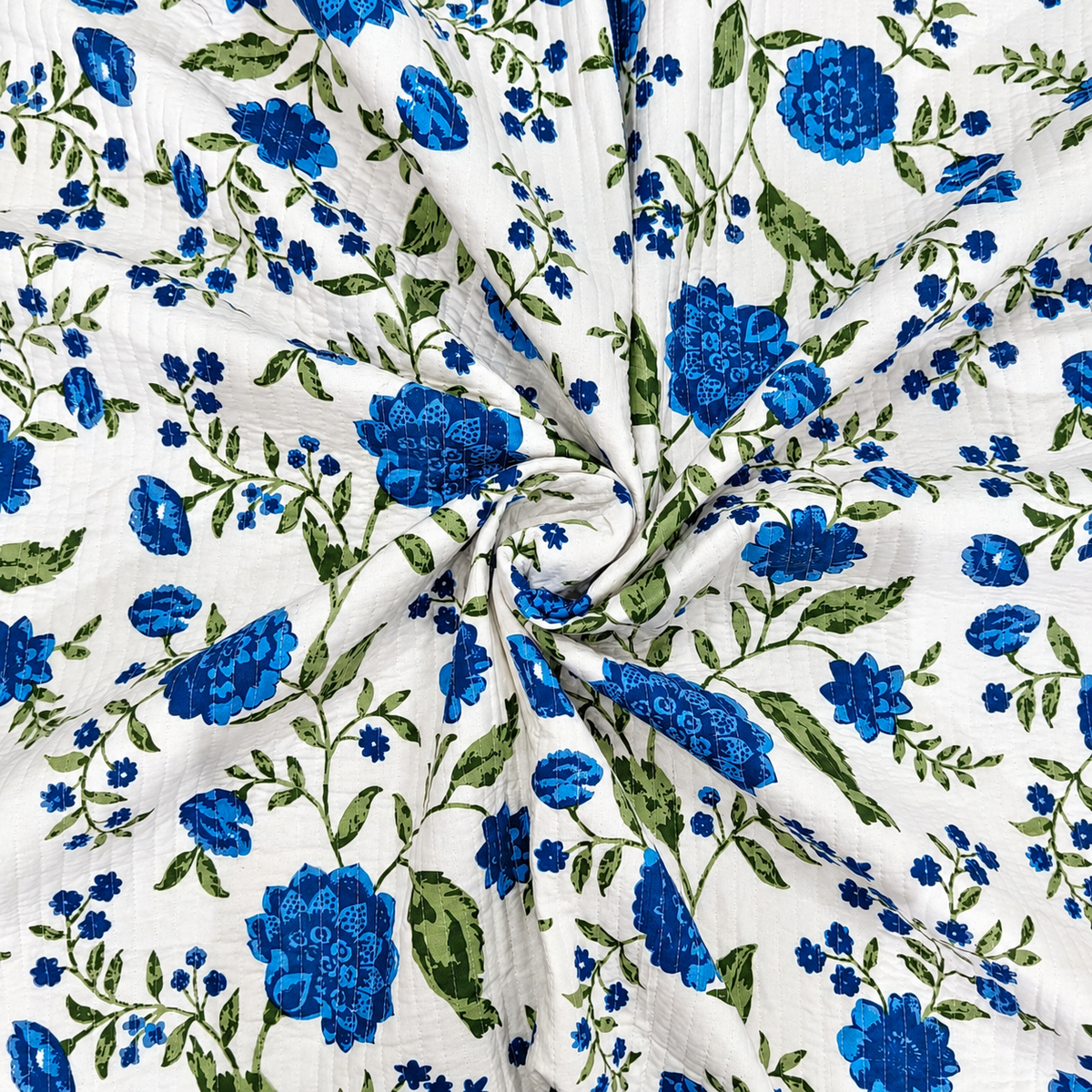Nilaya Floral Premium Pure Cotton Blue & White Printed Bedcover
