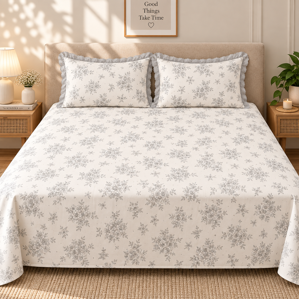 Secret Garden Ivory & Grey Floral Printed King Size Imported Fabric Bedsheet Set
