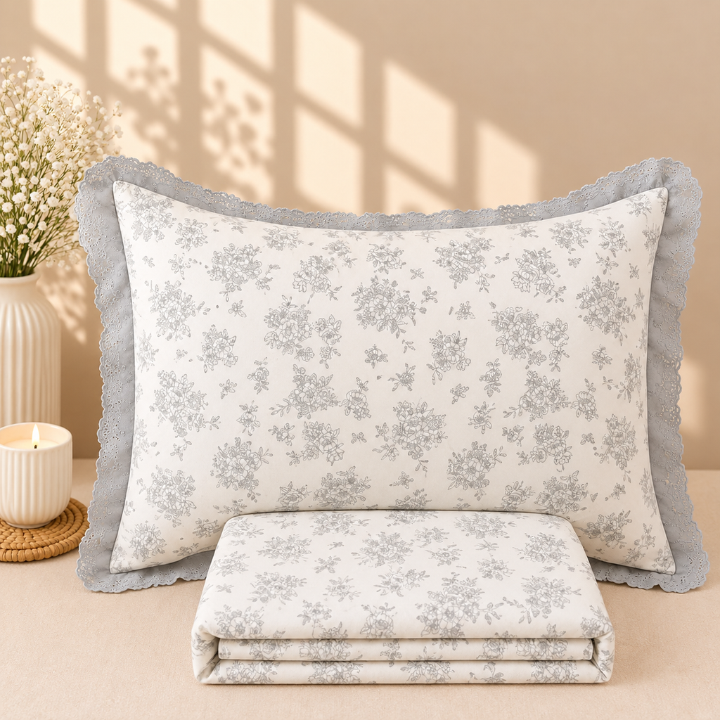 Secret Garden Ivory & Grey Floral Printed King Size Imported Fabric Bedsheet Set