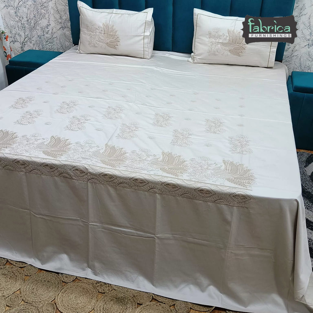 Roselyn Premium Pure Cotton Super King-Size Peacock Floral Embroidered Bedsheet