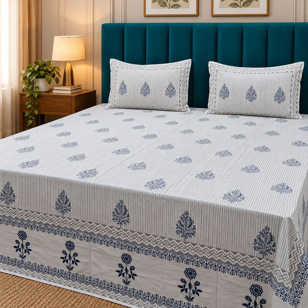 Percale Premium Ivory & Navy Blue Floral Hand Block Printed Super King-Size Cotton Bedsheet (300TC)