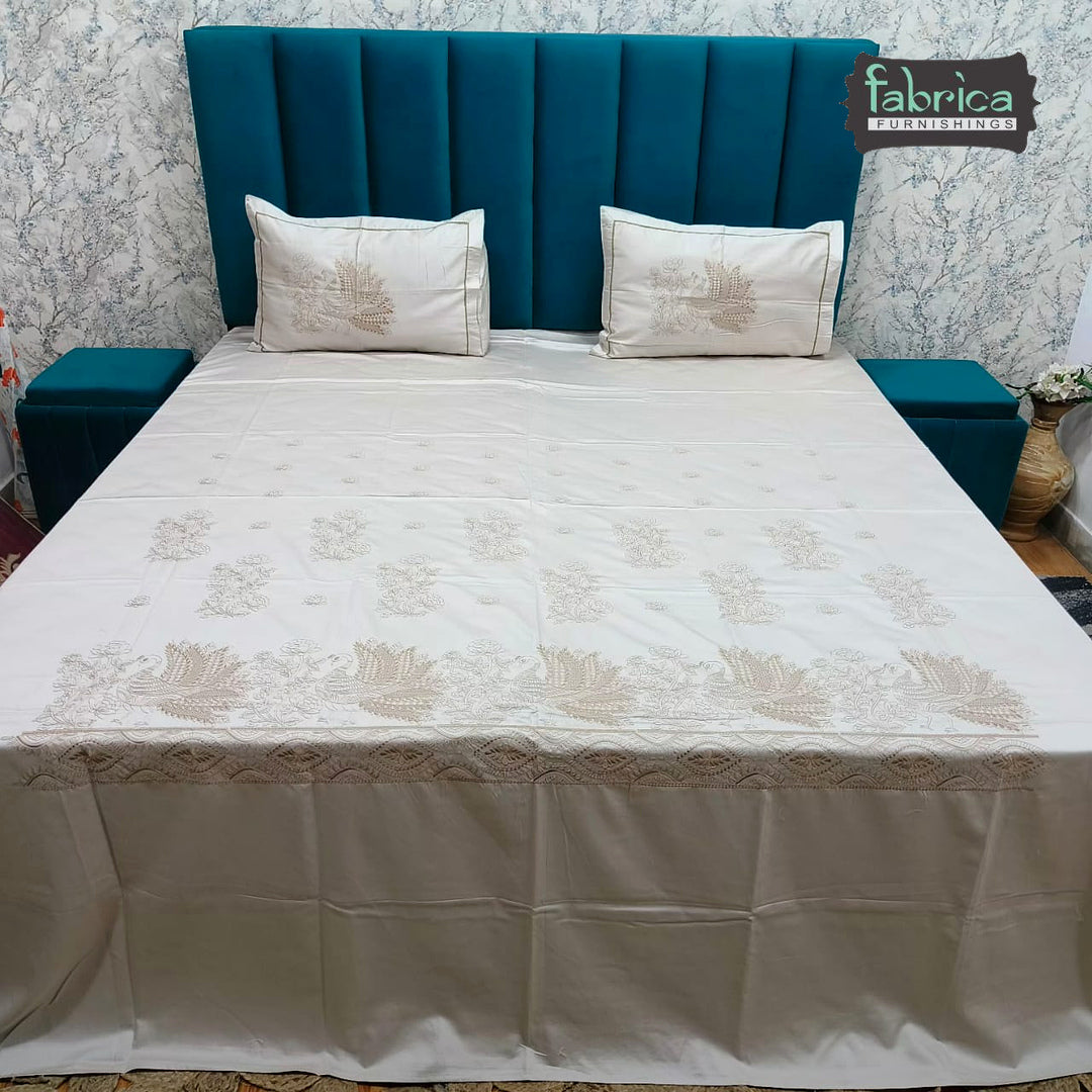 Roselyn Premium Pure Cotton Super King-Size Peacock Floral Embroidered Bedsheet