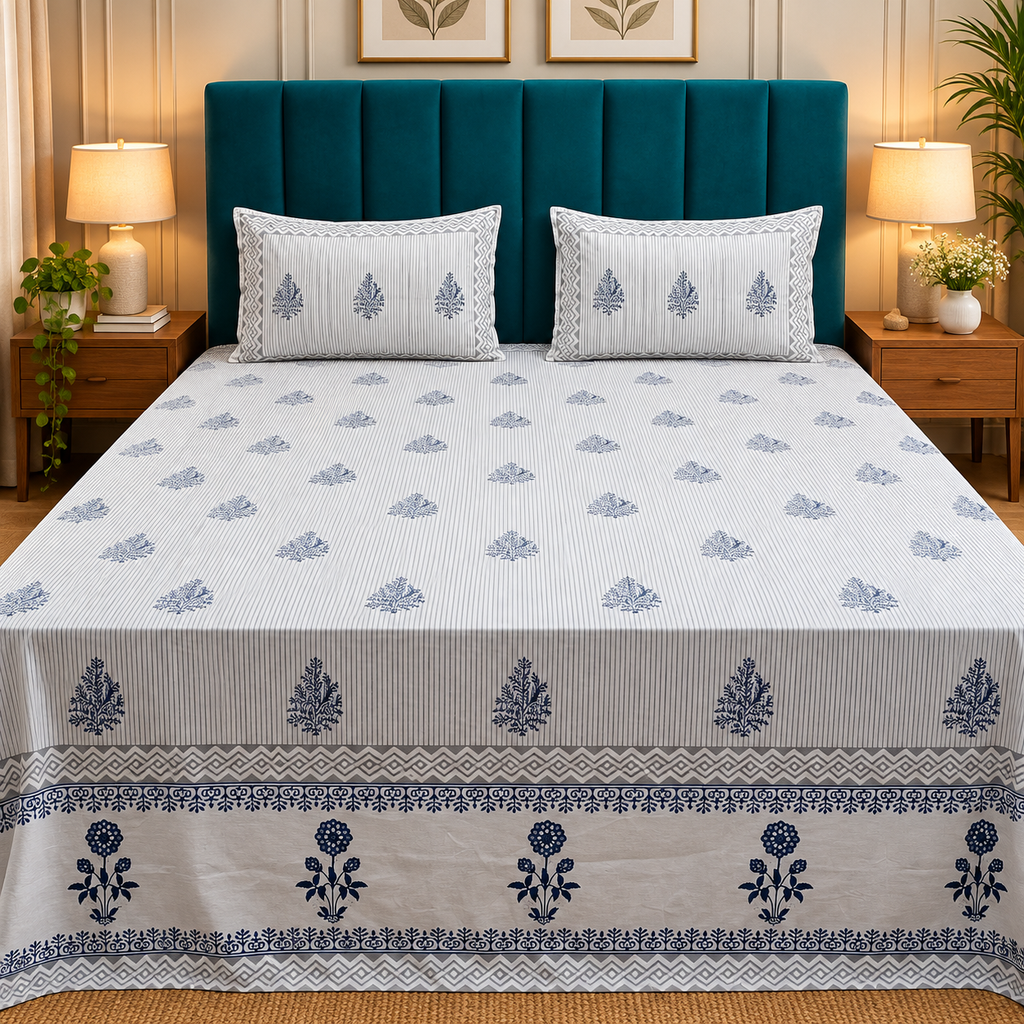 Percale Premium Ivory & Navy Blue Floral Hand Block Printed Super King-Size Cotton Bedsheet (300TC)