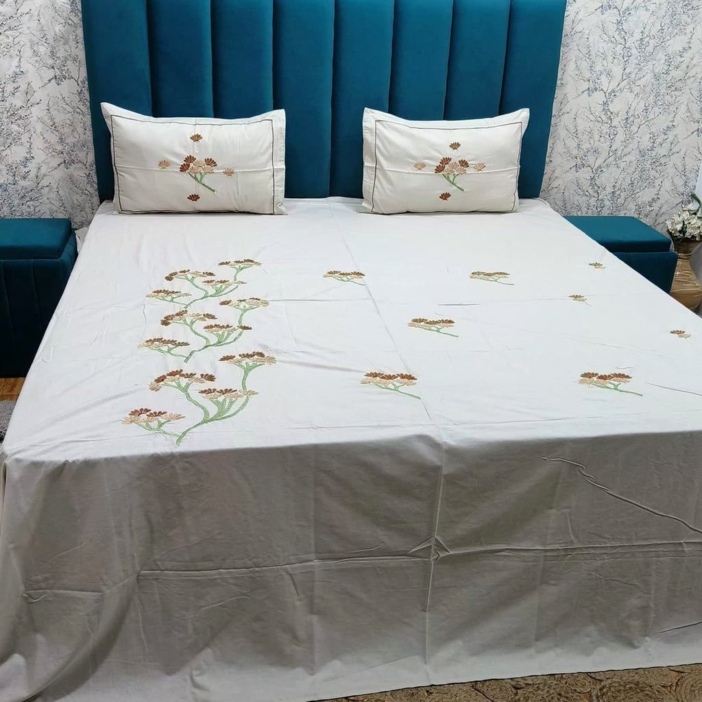 Shahi Karigari Pure Cotton King-Size White & Brown Floral Embroidered Bedsheet