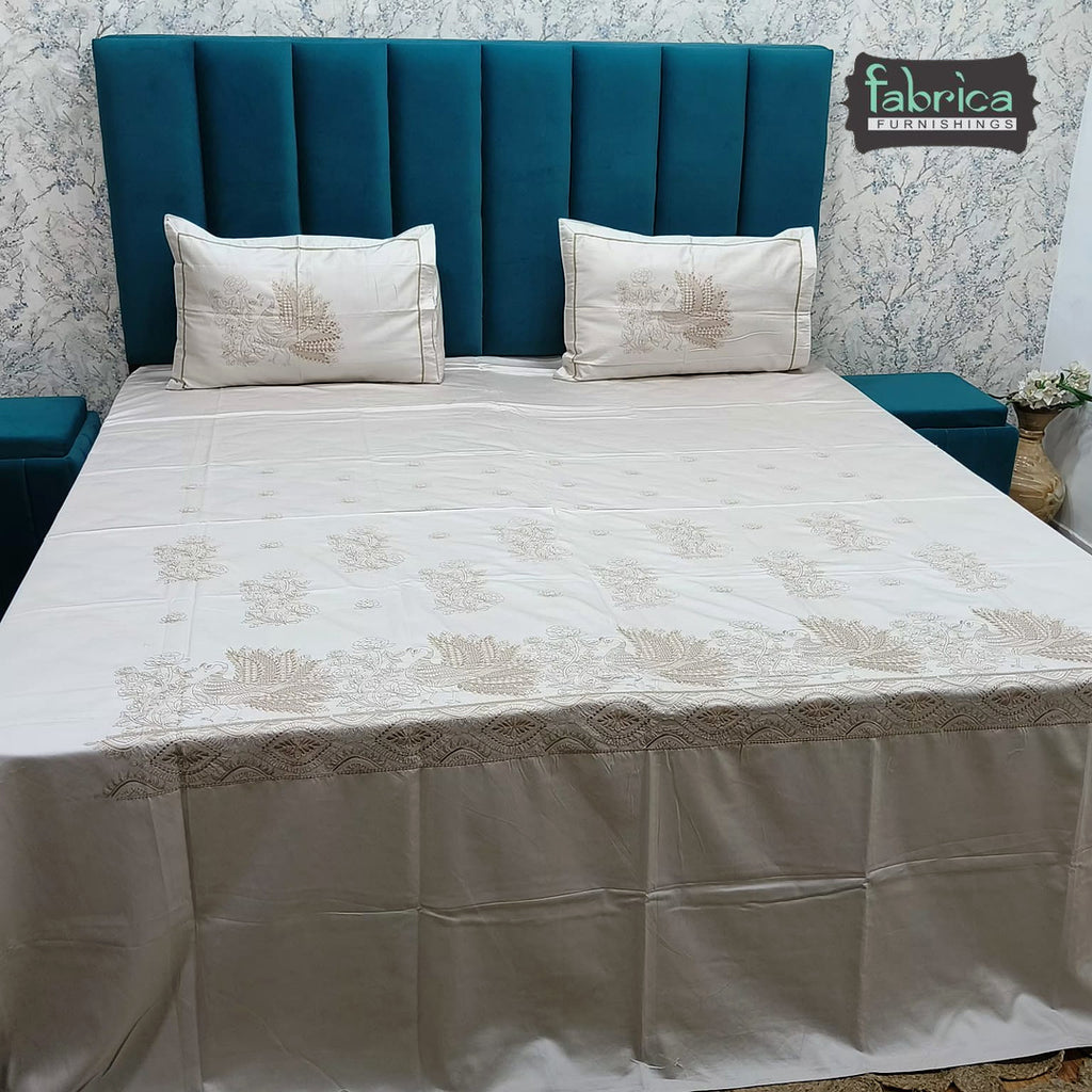 Roselyn Premium Pure Cotton Super King-Size Peacock Floral Embroidered Bedsheet