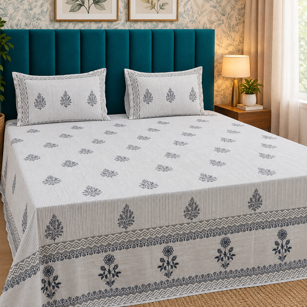 Percale Premium Ivory & Navy Blue Floral Hand Block Printed Super King-Size Cotton Bedsheet (300TC)